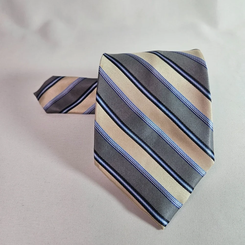 Perry Ellis Portfolio 100% Silk Hand Made Tie Gray Gold Stripes‎ 4